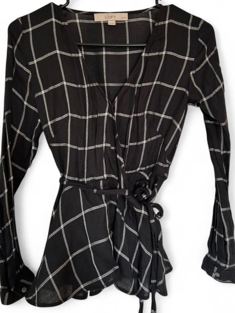 LOFT Petite Women's Black and White Plaid Wrap Blouse